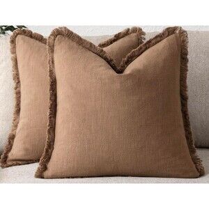 Set of 2 Linen Fringe Throw Pillow Covers Boho Farmhouse Khaki Brown 20x20 New